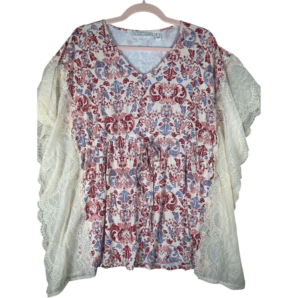 The Muses Lounge Women Small Red Blue Damask Lace Butterfly Sleeve Kaftan Top